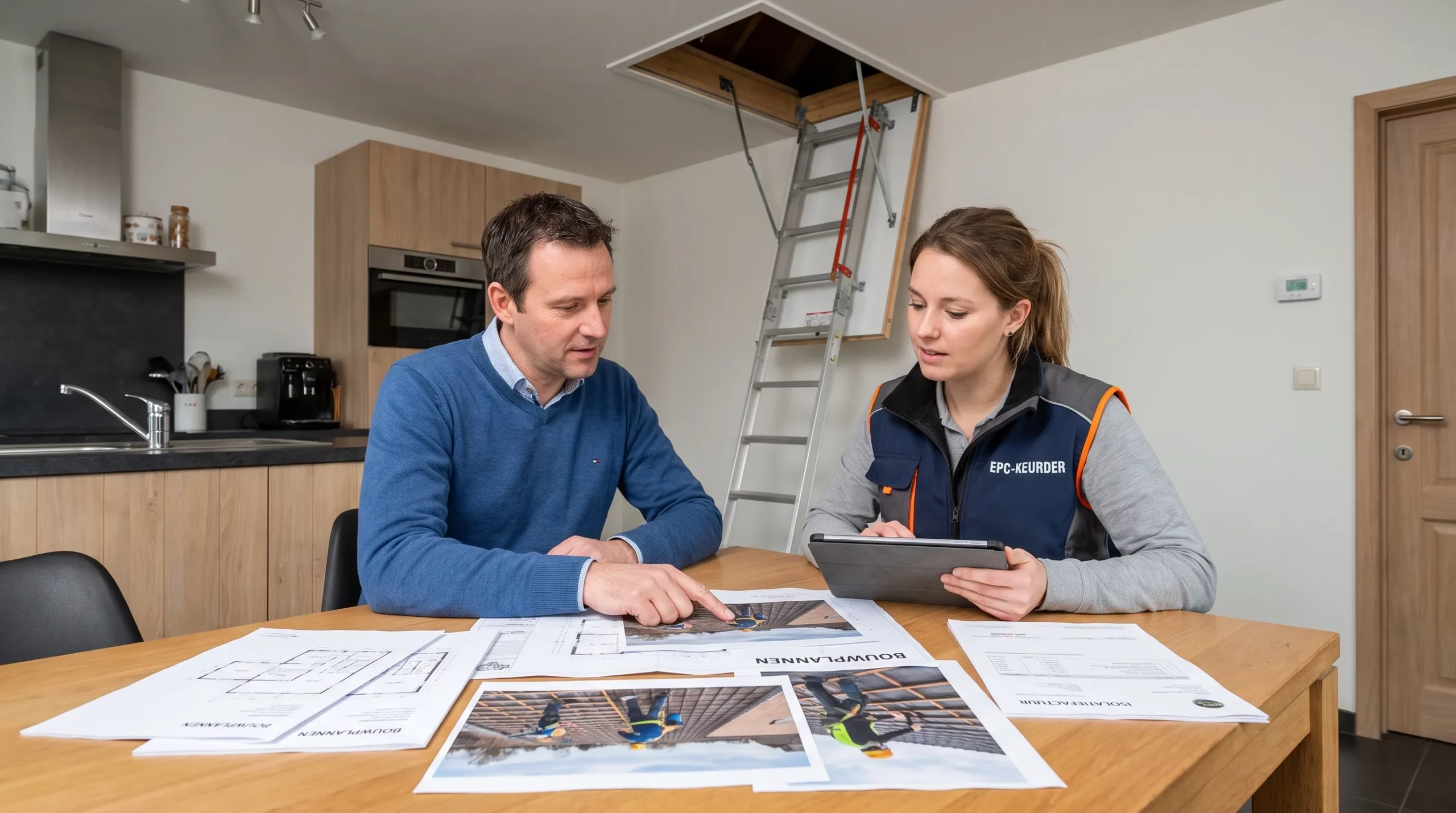 Een eigenaar bespreekt bouwplannen, isolatiefacturen en herkenbare foto's van dakwerken met een EPC-keurder aan tafel, terwijl het toegankelijke zolderluik zichtbaar is.